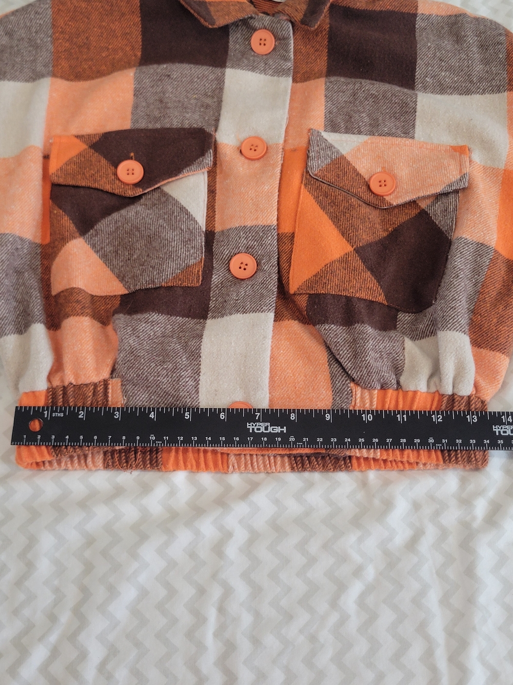 Timing Cropped Plaid Jean Shacket in Orange, Brown & Cream - Picture 8 of 14